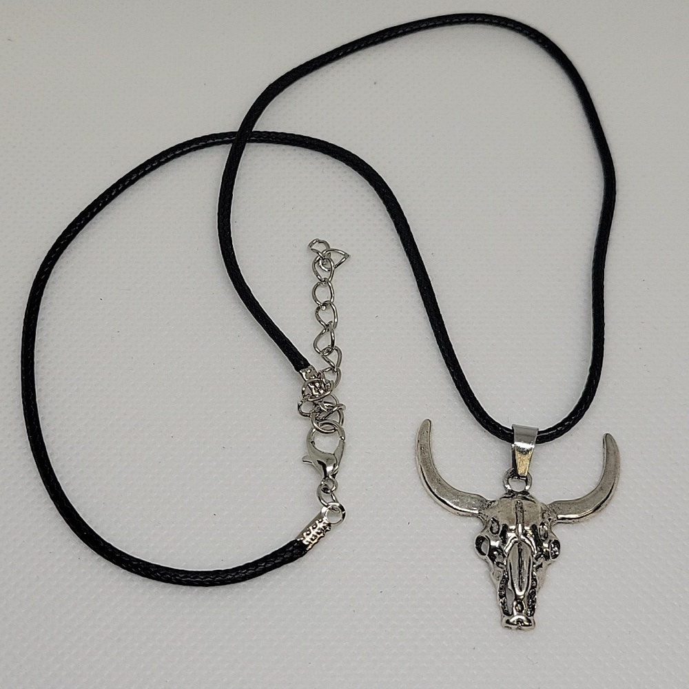 Silver Tone Cow Skull Black Pleather 16" + 2" Extension
